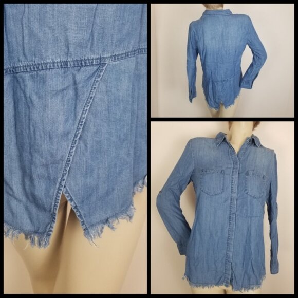 Beachlunchlounge Blue Chambray Raw Hem Button Down Split Back Shirt - Picture 2 of 8